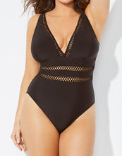 Load image into Gallery viewer, Black Lattice Plunge One Piece Swimsuit