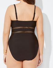 Load image into Gallery viewer, Black Lattice Plunge One Piece Swimsuit