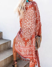 Load image into Gallery viewer, FULLFITALL- Brown Printed Fringe Blouse Cardigan Cover Up