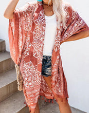 Load image into Gallery viewer, FULLFITALL- Brown Printed Fringe Blouse Cardigan Cover Up