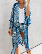 Load image into Gallery viewer, FULLFITALL- Blue Printed Striped Blouse Cardigan Cover Up