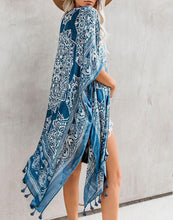 Load image into Gallery viewer, FULLFITALL- Blue Printed Striped Blouse Cardigan Cover Up