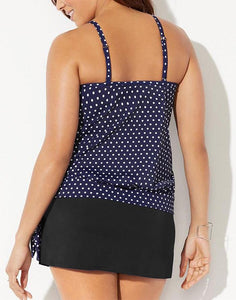 Navy Dotted Side Tie Surplice Tankini Set With Side Slit Skirt