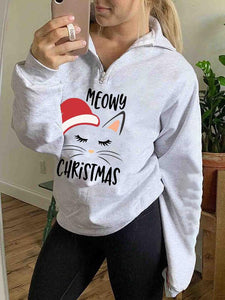 Ladies Cat Christmas Hat MEOWY CHRISTMAS Letter Print Zip Neckline Long Sleeve Sports Sweatshirt