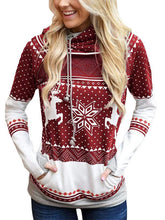 Load image into Gallery viewer, Women&#39;s Christmas Print Zipper Pocket Hooded With Leaky Finger-Red/
