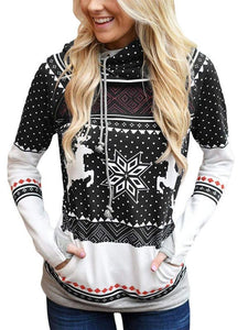 Women's Christmas Print Zipper Pocket Hooded With Leaky Finger-Red/