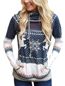 Women's Christmas Print Zipper Pocket Hooded With Leaky Finger-Red/