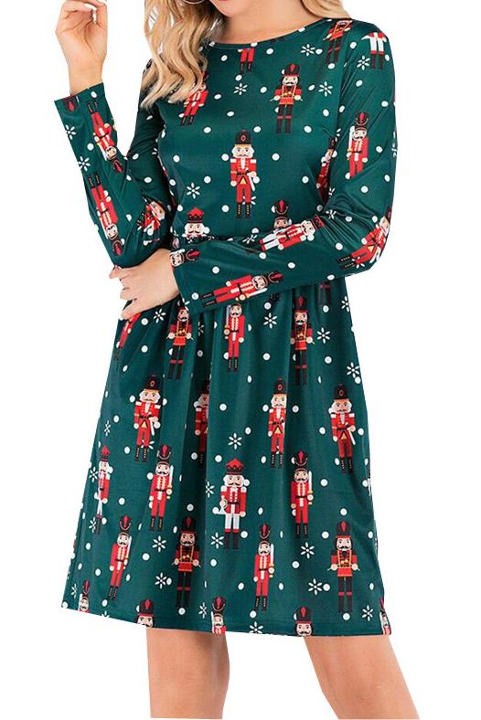 Ladies Christmas Elements Nutcracker Guard Christmas Socks Penguin Polar Bear Print Round Neck Long Sleeve Dress