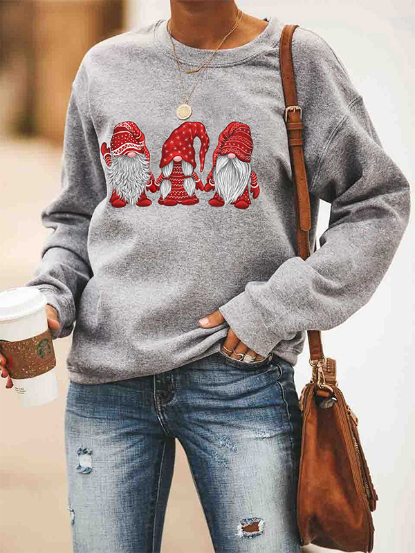 Women's Casual Loose Christmas 3 Santa Print Crew Neck Pullover Sweater