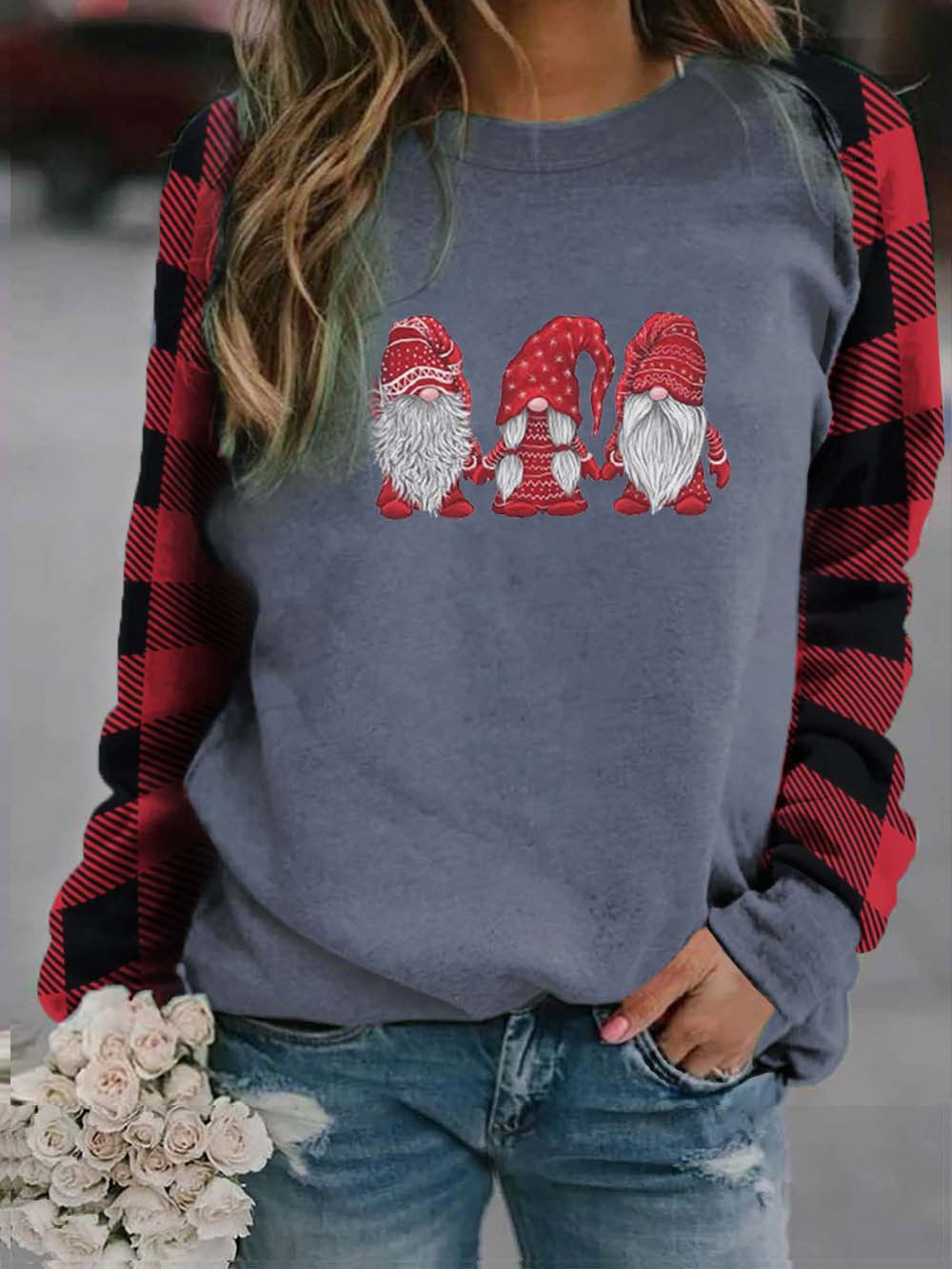 Women's Scandinavian Christmas Gnomes Print Plaid Sweatshirt