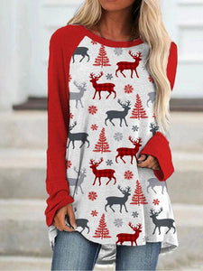 Ladies Christmas Elk Snowflake Tree Print Long Sleeve T-shirt