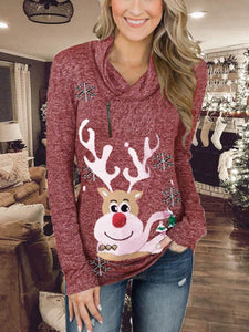 Women's Red Fall Winter Christmas Elk Print Comfortable Pullover Sweatshirt