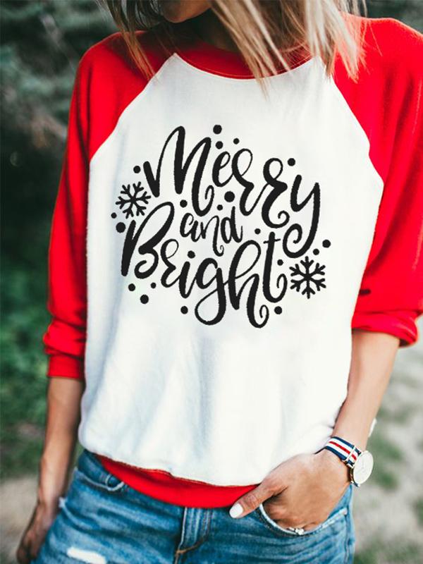 Merry And Bright Women's Casual Crew Neck Christmas Letter Print Sweatshirt