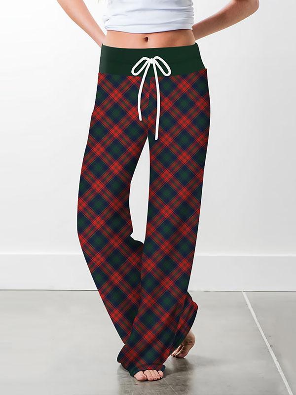 Ladies Christmas plaid print casual drawstring wide-leg trousers