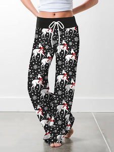 Ladies Christmas floral print casual loose-fitting drawstring wide-leg trousers