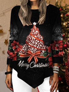 Christmas Tree Printed Asymmetrical Hem T-Shirt