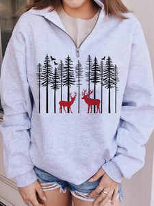 Elk Forest Print Zipper Collar Casual Sweatshirt