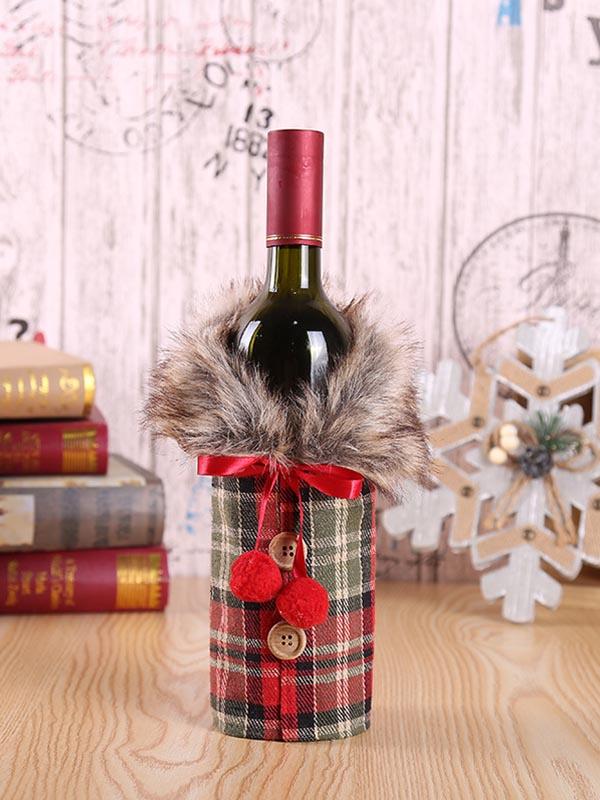Christmas fur collar red plaid wine decoration set