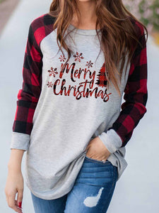 Women's Merry Christmas Plaid Long Sleeve Top