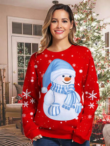 Ladies Red Christmas Snowman Print Pullover Sweatshirt