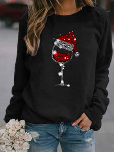 Women's Christmas Wine Glass Print Long Sleeve Sweatshirt