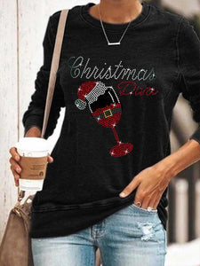 Christmas Dara Christmas Hat And Wine Glass Print Sweatshirt