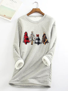 Christmas Tree Printed Sherpa Lined Fleece Pullover Sweatshirt