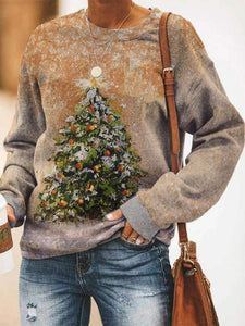 Oil Painting Christmas Tree Print Gradient Sweatshirt