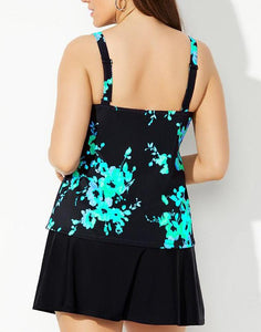 Blue Poppies Flared Tankini Set With Skirt