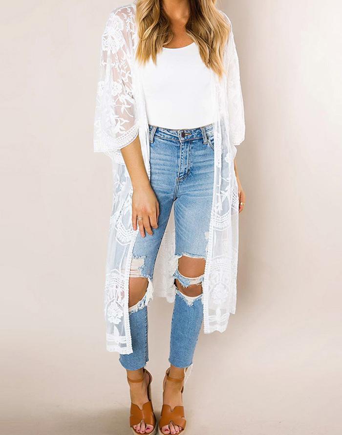 FULLFITALL- white print mid-length transparent blouse sunscreen clothing