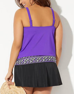 Purple Loop Strap Blouson Tankini Set With Skirt