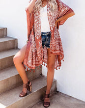 Load image into Gallery viewer, FULLFITALL- Brown Printed Fringe Blouse Cardigan Cover Up
