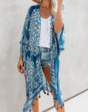 Load image into Gallery viewer, FULLFITALL- Blue Printed Striped Blouse Cardigan Cover Up
